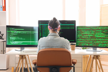 Naklejka premium Female programmer working at desk in office, back view