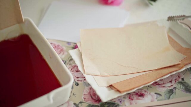 Aging paper with tea. Handmade paper dyeing process with tea stain for crafting and stationery designs, bespoke paper products, artisanal workshops, vintage aesthetics, home crafting inspiration