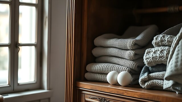 White camphor balls placed inside an antique wooden wardrobe with folded clothing.
