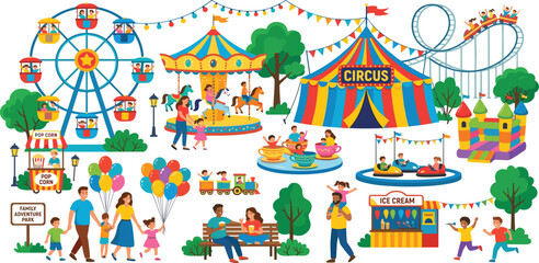 Vibrant amusement park carnival vector set featuring a ferris wheel, carousel, circus tent, rollercoaster, bumper cars, food stalls, and happy families enjoying a summer festival. © MDRIFAT