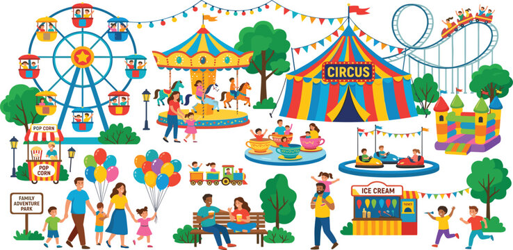Vibrant amusement park carnival vector set featuring a ferris wheel, carousel, circus tent, rollercoaster, bumper cars, food stalls, and happy families enjoying a summer festival.