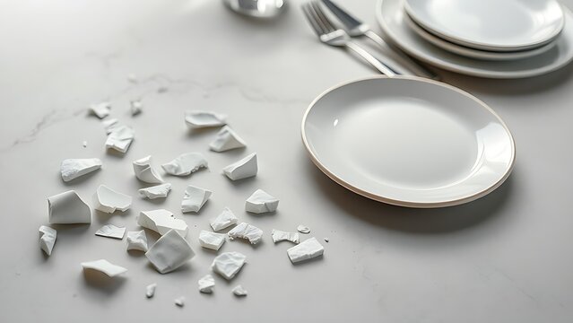 Broken porcelain fragments beside a flawless dinnerware set on a neutral tabletop.
