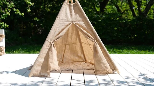 Unbleached cotton teepee outdoor play tent natural fabric rustic style sunlight summer backyard children cozy shelter relaxation childhood imagination eco friendly