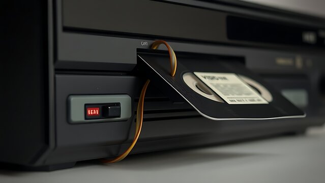 An old VCR ejecting a slightly tangled videotape in a close-up view.