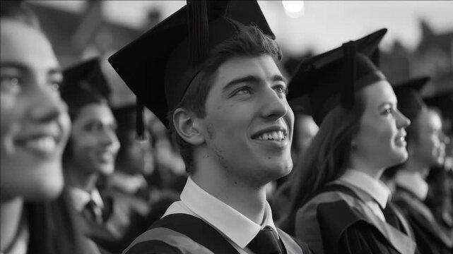Smiling young man wearing a graduation cap and gown. He is in focus with the background slightly blurred out.