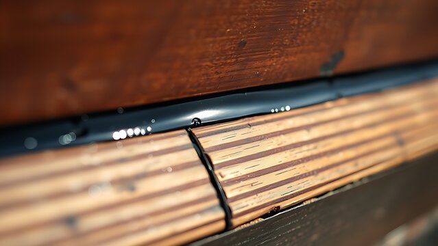 Close-up of dark caulk filling a seam on a wooden boat hull, glistening.