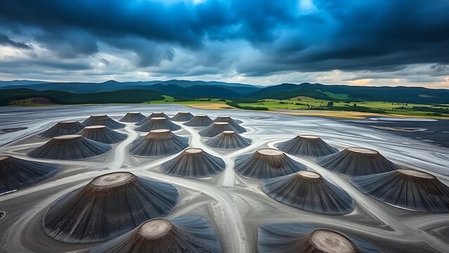 A vast, fan-shaped field of grey mine tailings contrasting with distant green hills.