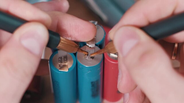 Macro shot of hands using spot welder probes to join nickel strips between blue 18650 cells. The process highlights custom rechargeable battery pack creation in a workshop setting.