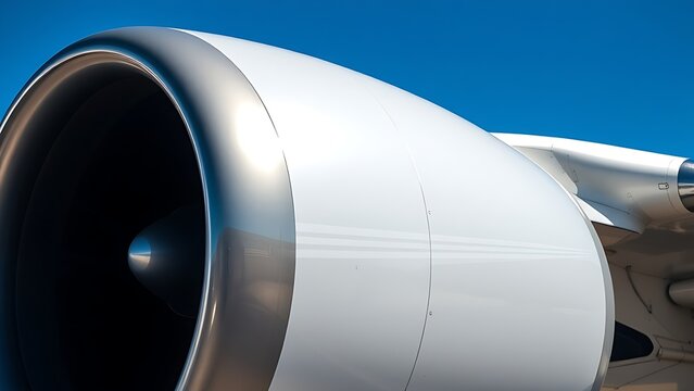 Detailed shot of an airplane engine nacelle reflecting sunlight under a wing.