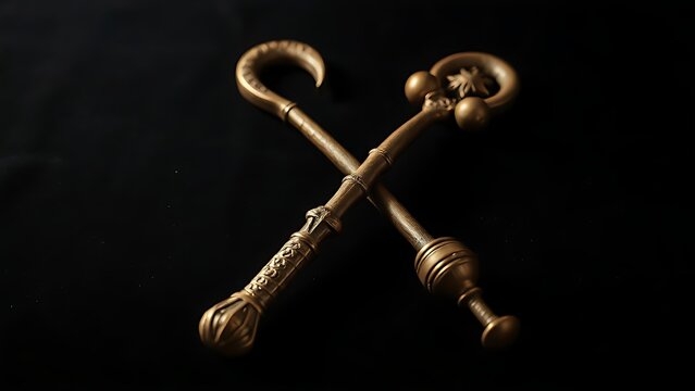 Ancient Egyptian crook and flail crossed on black velvet, ceremonial artifacts.