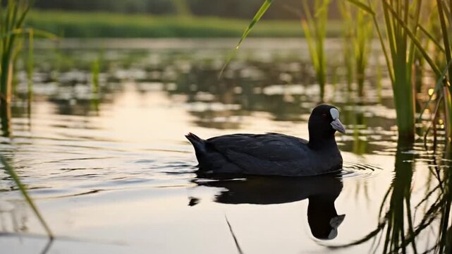 Black coot bird floating on water with its reflection amidst reeds and golden light at sunset