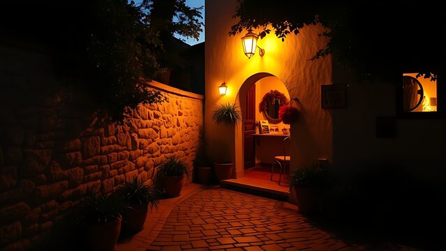 Warm twilight at a taverna entrance with golden light on a stone path.