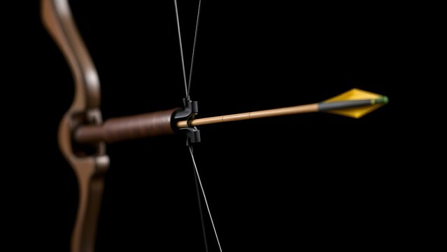 Drawn compound bow with taut string and arrow, side view on dark background.