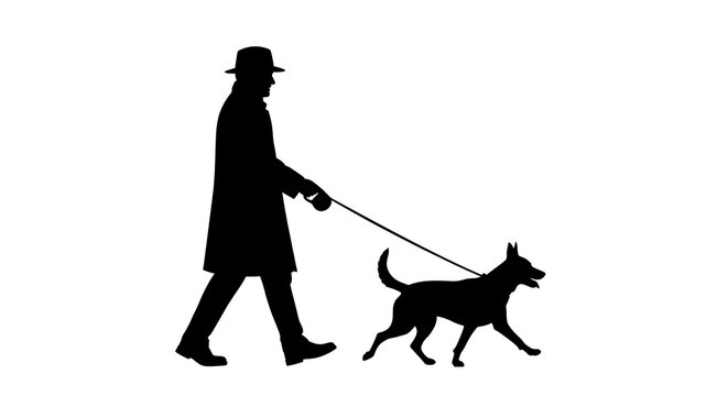 Silhouette of a person herding a black goat with a stick in a minimalist style