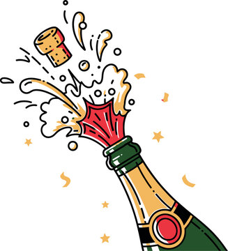 Champagne bottle exploding with bubbly liquid, popping cork, and festive gold confetti, creating a dynamic celebratory moment for special occasions.