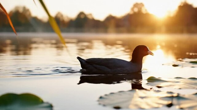 Black coot swimming gracefully on a tranquil lake at sunrise with reflections, reeds, and lily pads