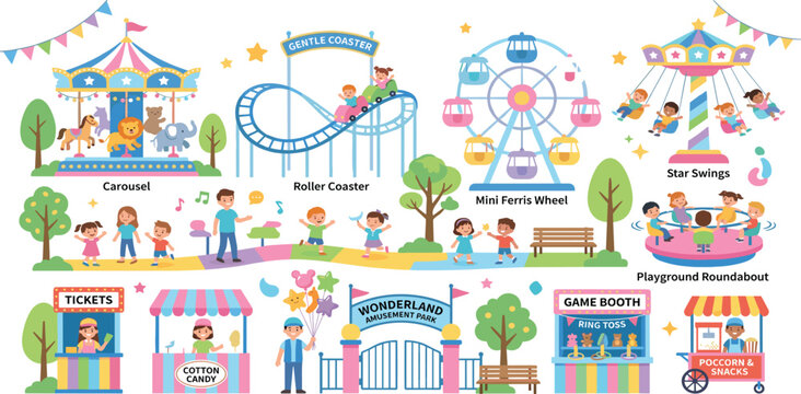 Wonderland amusement park flat vector set featuring carousel, roller coaster, mini ferris wheel, game booths, food stalls, and happy children playing outdoors.