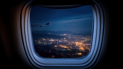 Naklejka premium Nighttime Cityscape from Airplane Window Showcasing a Stunning View of Illuminated Urban Landscape with Wing of Aircraft Captured in Flight