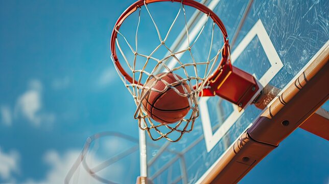 Basketball hit the basket on the basketball backboard