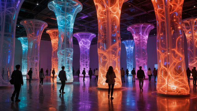 People admire glowing art installation in a museum