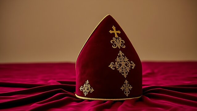 A tall ceremonial bishop's mitre with intricate gold embroidery rests on a rich velvet cloth.