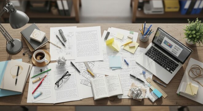 Messy Desk Covered in Papers and Supplies