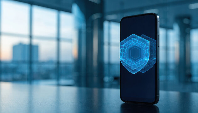 Smartphone security shield cyber protection phone technology screen digital data privacy safe