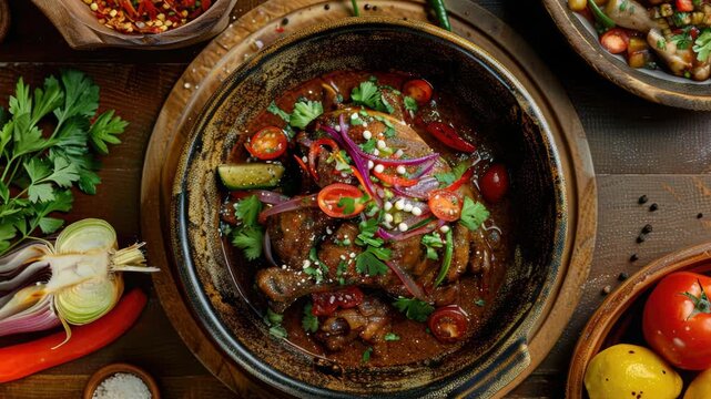 A mouth-watering beef stew garnished with herbs on a rustic wooden table.