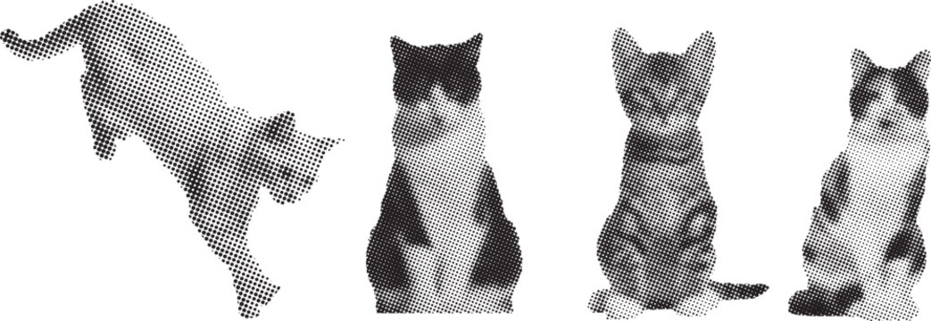 Halftone cats collection with dotted texture isolated on white background. Black and white feline poses including jumping and sitting. Retro print style animal illustration set for design use.