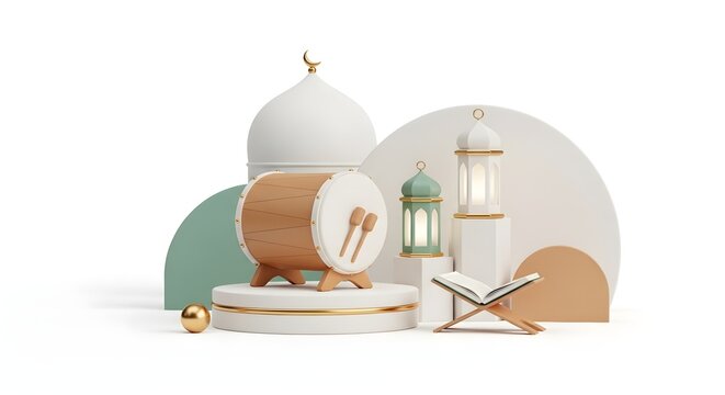 Isometric Ramadan Kareem Setup with Bedug Drum, Mosque, Lantern and Quran for Eid Mubarak Celebration, Islamic Culture, Religious Festival, Spiritual Decoration Illustration