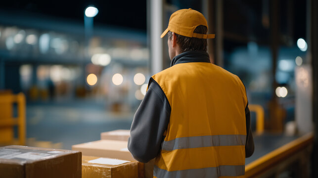 Armed logistics security guard escorting high-value electronics shipment through warehouse checkpoint at night, cargo theft prevention, loss prevention officer, secure freight handling, industrial s