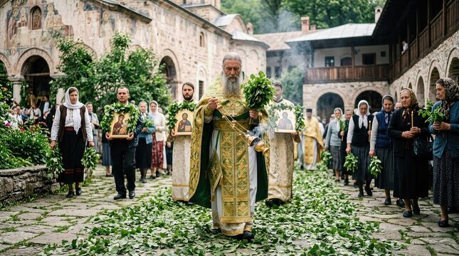 Cleric leads solemn Orthodox procession, Holy Spirit Monday celebration, faithful believers participate, monastery courtyard displaying green foliage, ancient Christian ritual event.