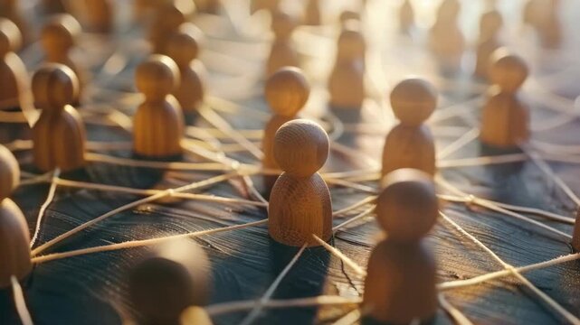 A lone figure stands among a sea of wooden cutouts playing the drums in perfect harmony, symbolizing unity and synchronicity.