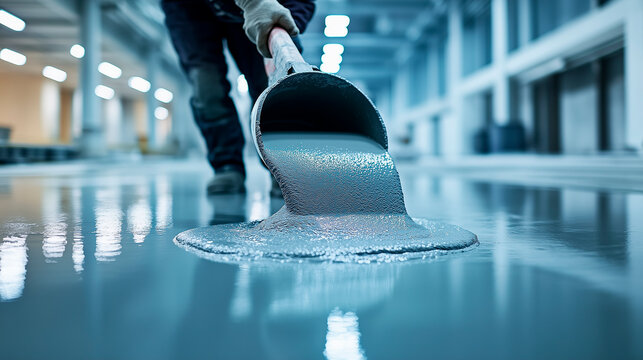 Professional industrial flooring installation series. Construction workers applying epoxy resin and concrete coating in modern warehouse. High-gloss polished floor finish concept.