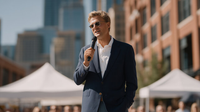 Cybersecurity startup demo day on outdoor urban stage in June sunshine, founder presenting dark web monitoring product to investor crowd, pitch competition, security technology showcase, startup eco