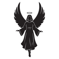 Obraz premium Black silhouette of a female angel with wings and halo vector illustration isolated on white background