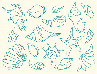 Fototapeta premium Teal Outline Sea Shells Minimalist Vector
