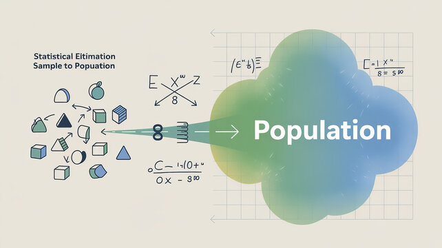 Visualizing Population Data: An abstract representation of population statistics, featuring mathematical equations and graphic elements to illustrate data analysis and sampling