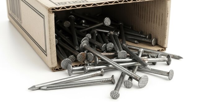 Box of nails spilling onto a white surface construction hardware