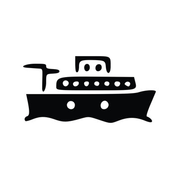 A simple black and white illustration of a stylized boat sailing on water.