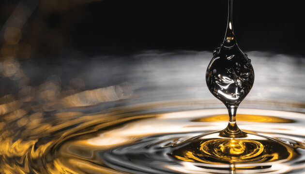 Golden liquid droplet splash on dark surface with abstract reflection