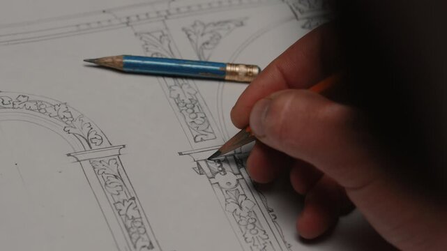 Close up of pencil drawing wooden design details
