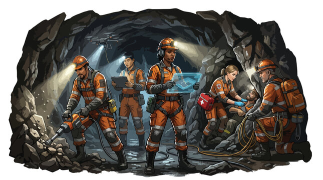 Diverse mining rescue team in action inside a dark cave using modern technology like drones and tablets for safety and emergency response operations