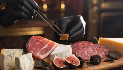 Sierkussen Restaurant Gourmet food platter black glove close up cheese meat honeycomb charcuterie truffle fig wooden  © Rachakrit