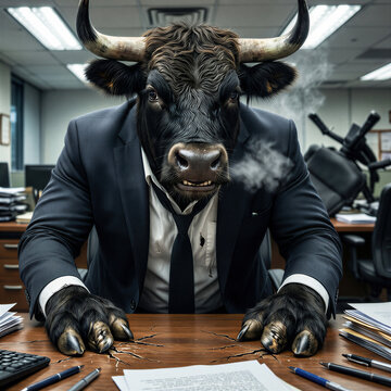 A muscular bull in a strained navy suit grips a cracking desk with clawed hooves, nostrils flared and eyes narrowed in seething office rage under harsh lights.