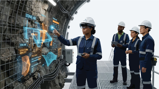 Diverse mining workers in hard hats and safety vests use augmented reality technology and holographic displays for structural analysis and stress mapping in a mine tunnel