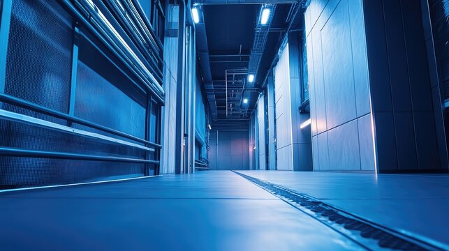 Server room corridor with advanced networking infrastructure