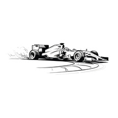 Fototapeta premium Dynamic sketch of a formula one race car speeding around a corner with smoke trailing