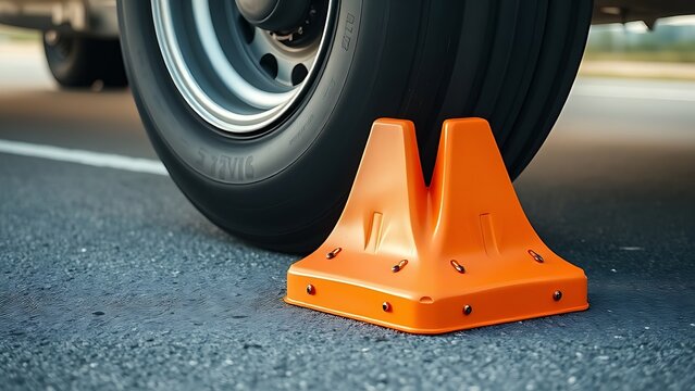 An orange wheel block against a large aircraft tire on tarmac.