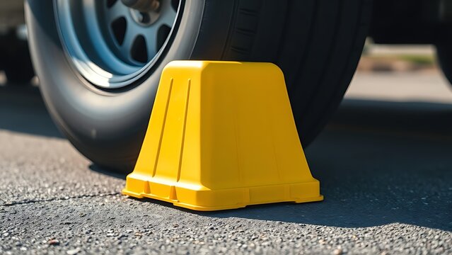 A bright yellow wheel chock secured against a large aircraft tire on asphalt.
